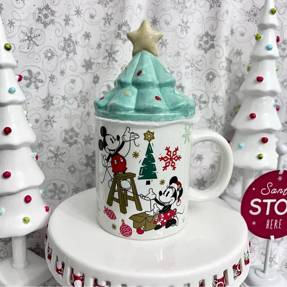 Disney Other - New Disney Mickey & Minnie Mouse Mug W/ Christmas Tree & Star Topper Lid 18 Oz.